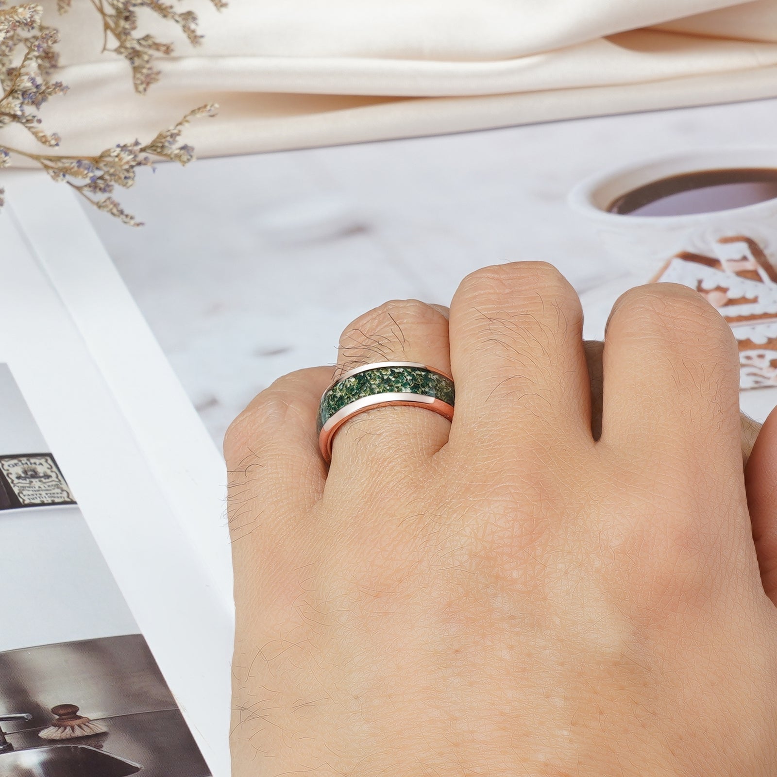 Moss agate wedding ring in sterling silver for men