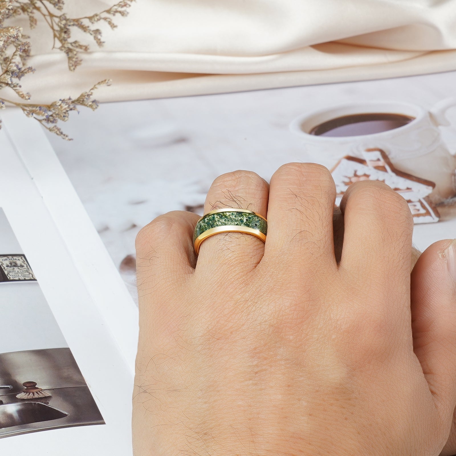 Moss agate wedding ring in sterling silver for men