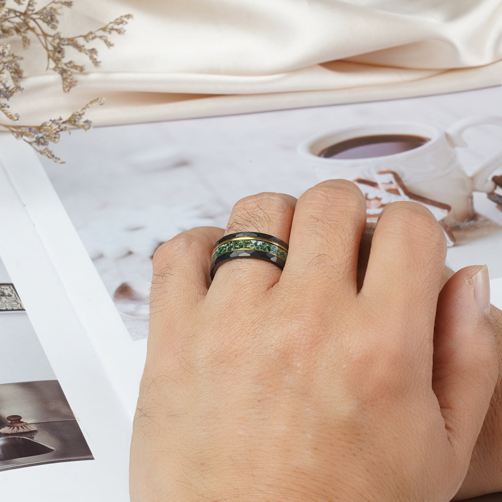 Steve Green Moss Agate Tungsten Carbide Ring for Men