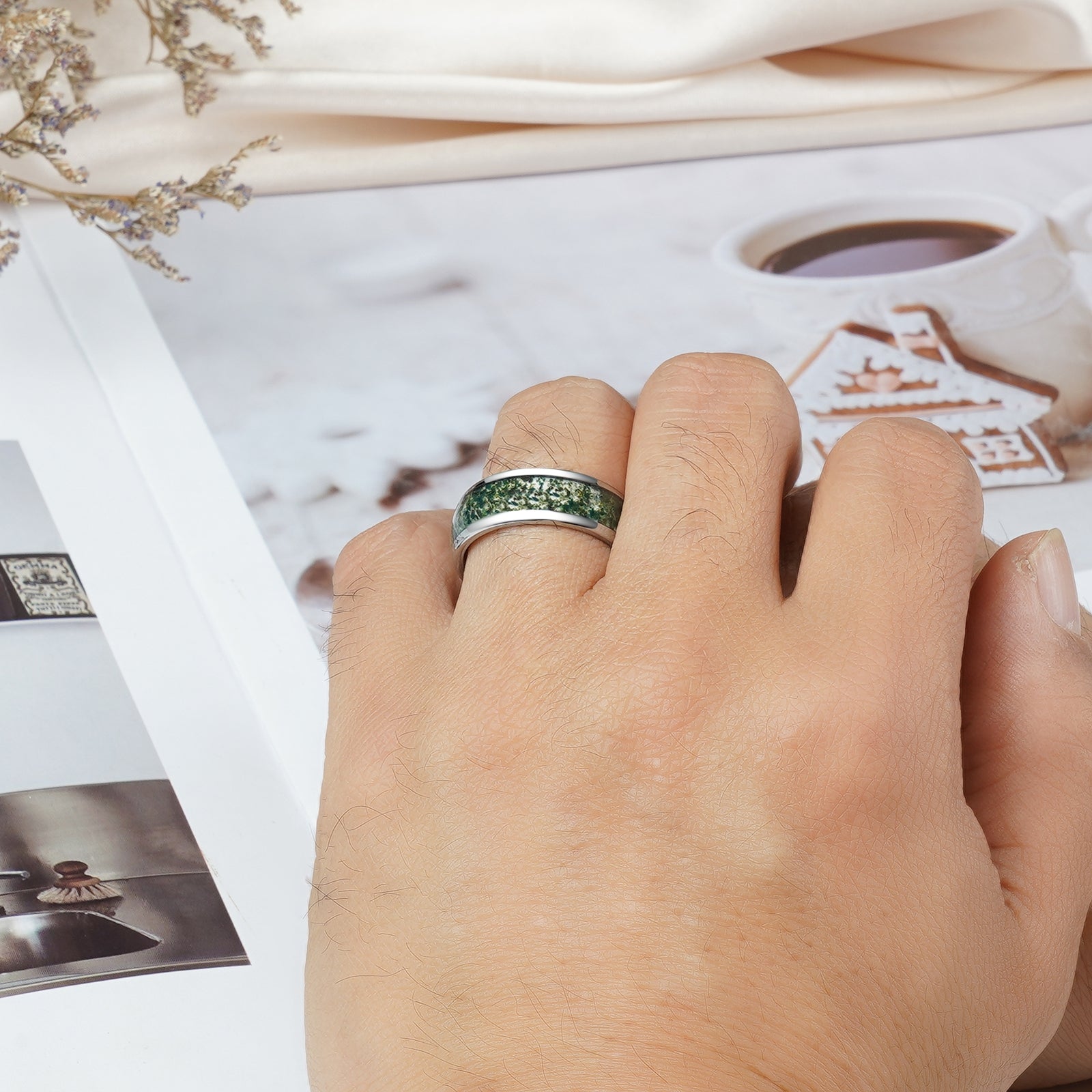 Moss agate wedding ring in sterling silver for men