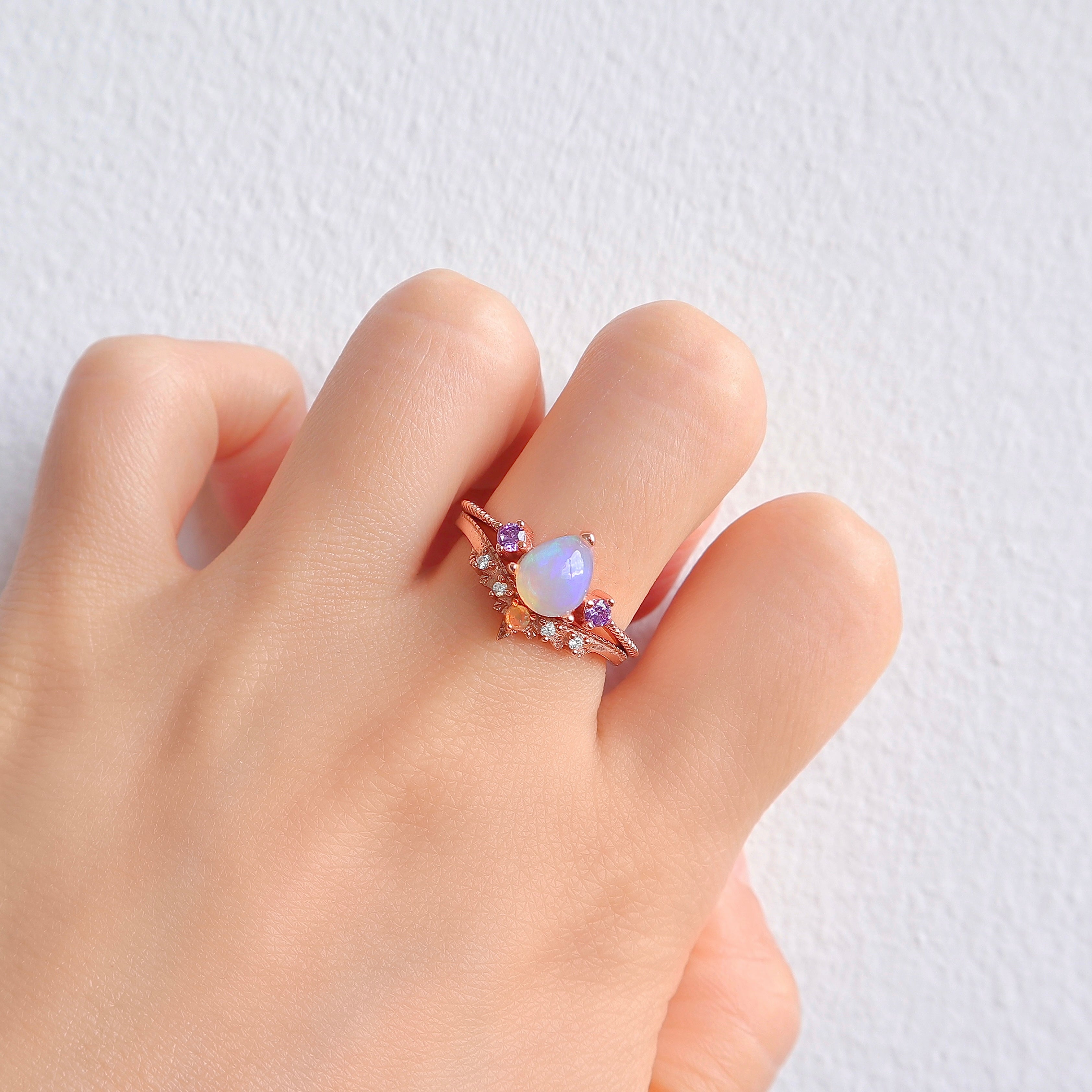 Opal and Amethyst Ring Set in Rose Gold with Sterling Silver