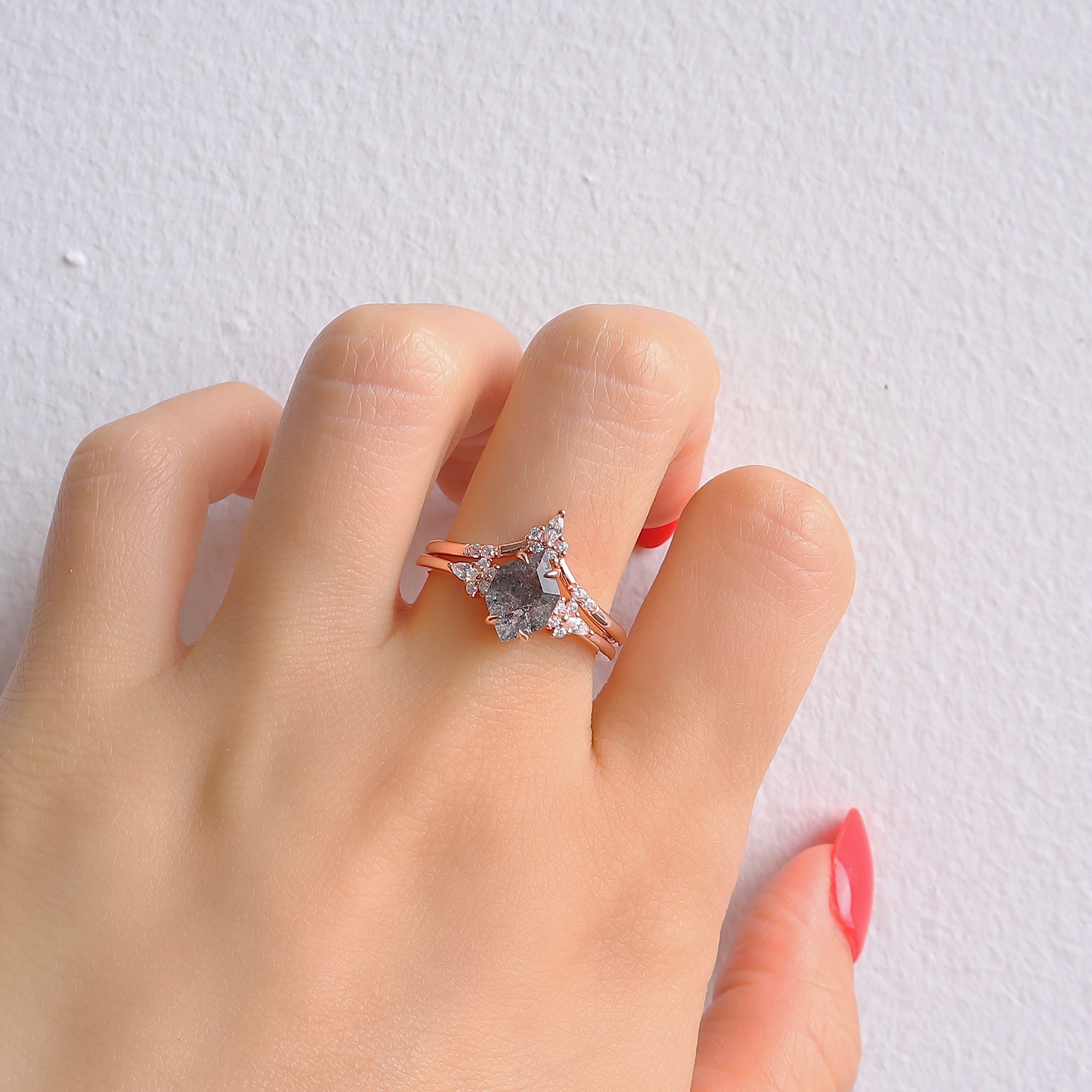 Sterling Silver Salt and Pepper Diamond Ring Set