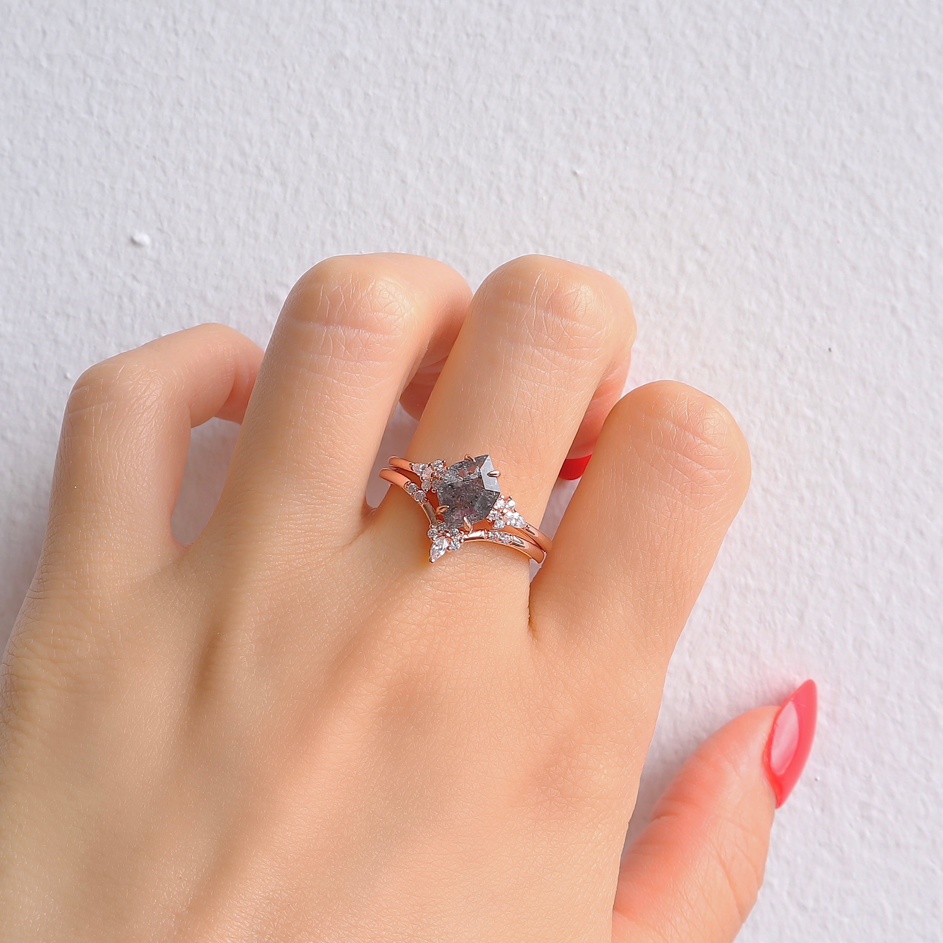 Sterling Silver Salt and Pepper Diamond Ring Set