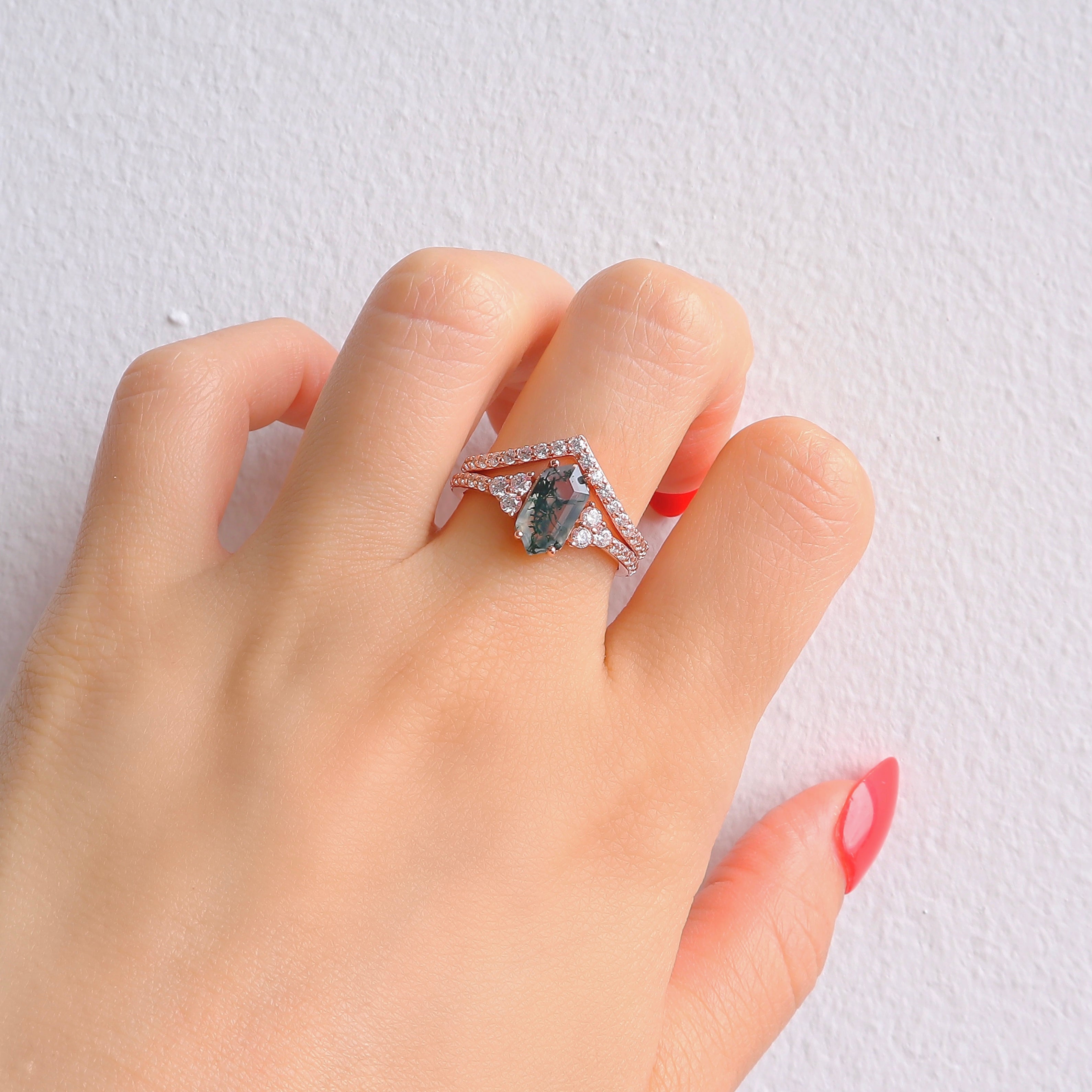 Katharina Moss Agate Quartz Ring Set Rose Gold