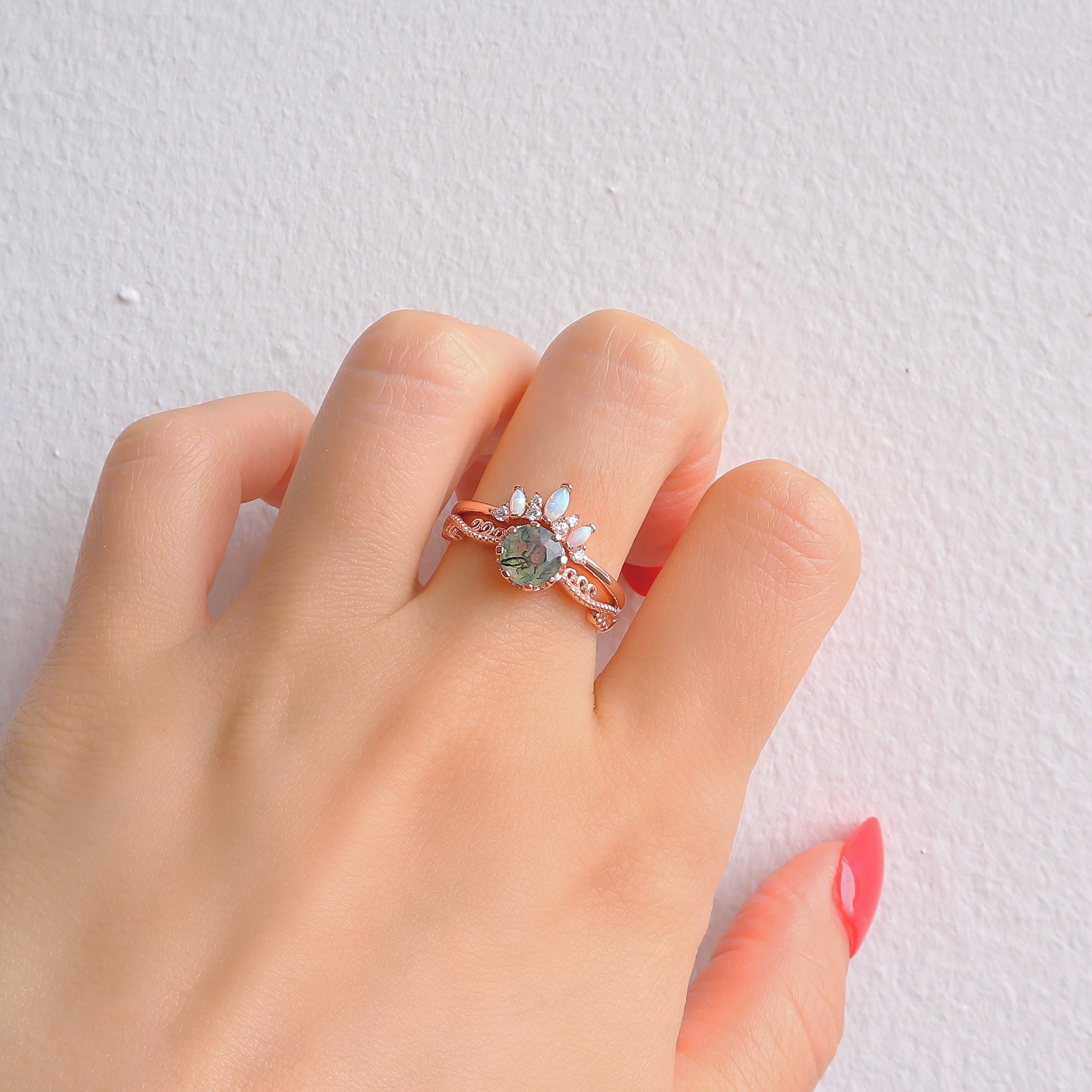 Morgana Moss Agate Quartz and Opal Ring Set Rose Gold
