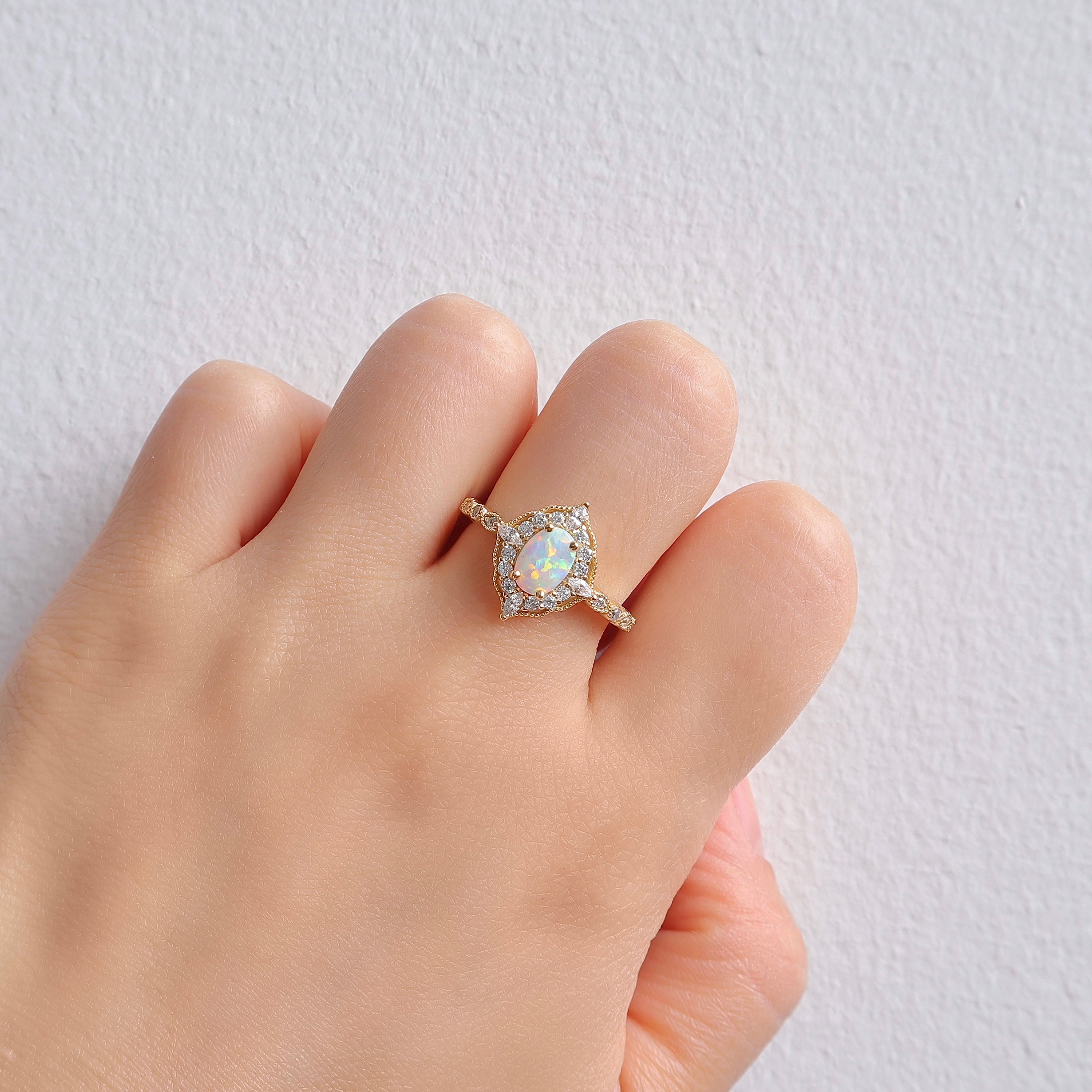 Gold Opal Ring with Natural Opal Gemstone in Elegant Setting