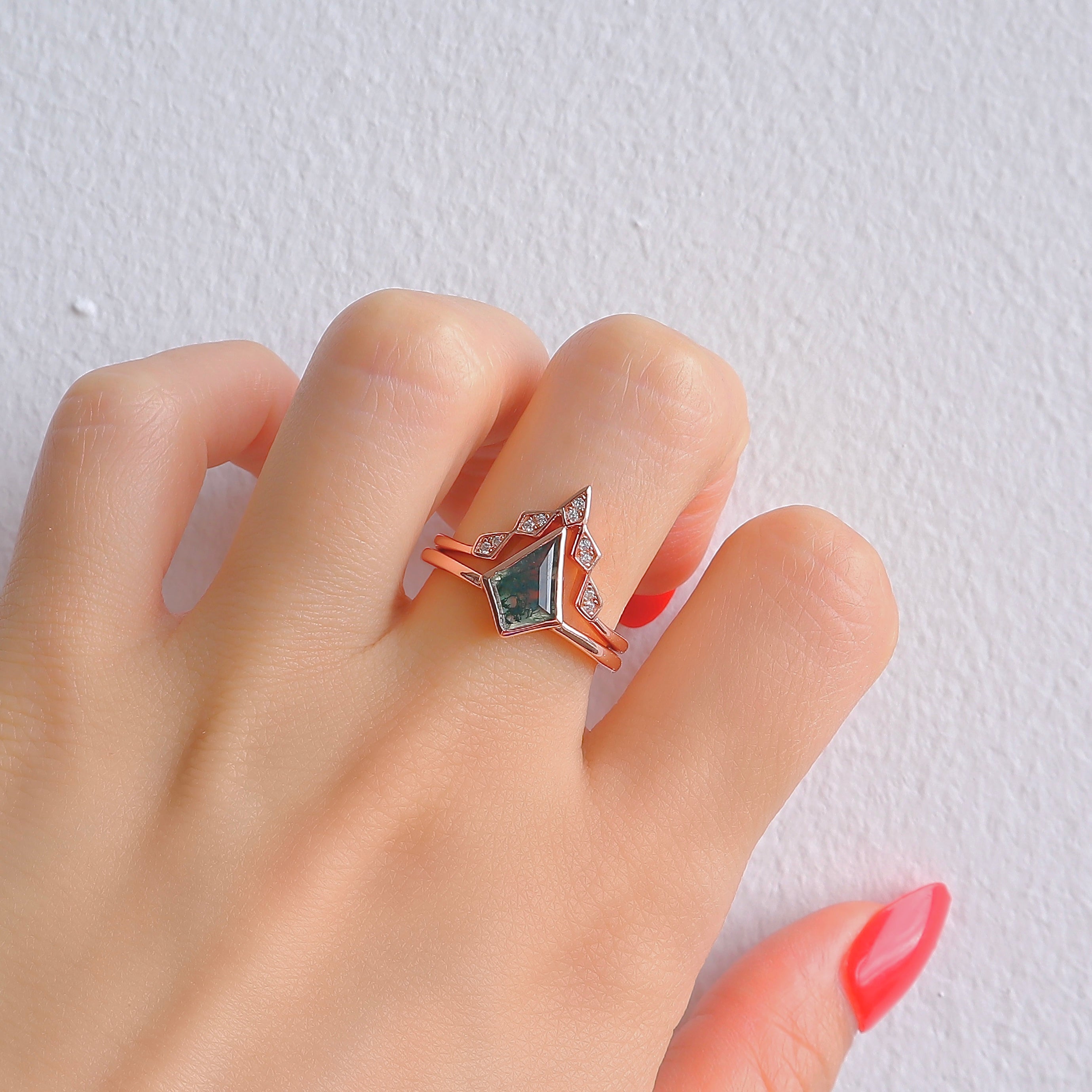 Merci Moss Agate Quartz Ring Set Rose Gold