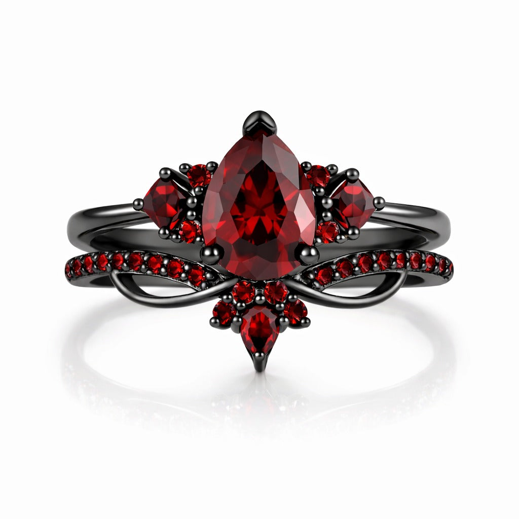 Rachel Garnet Black Gold Ring Set