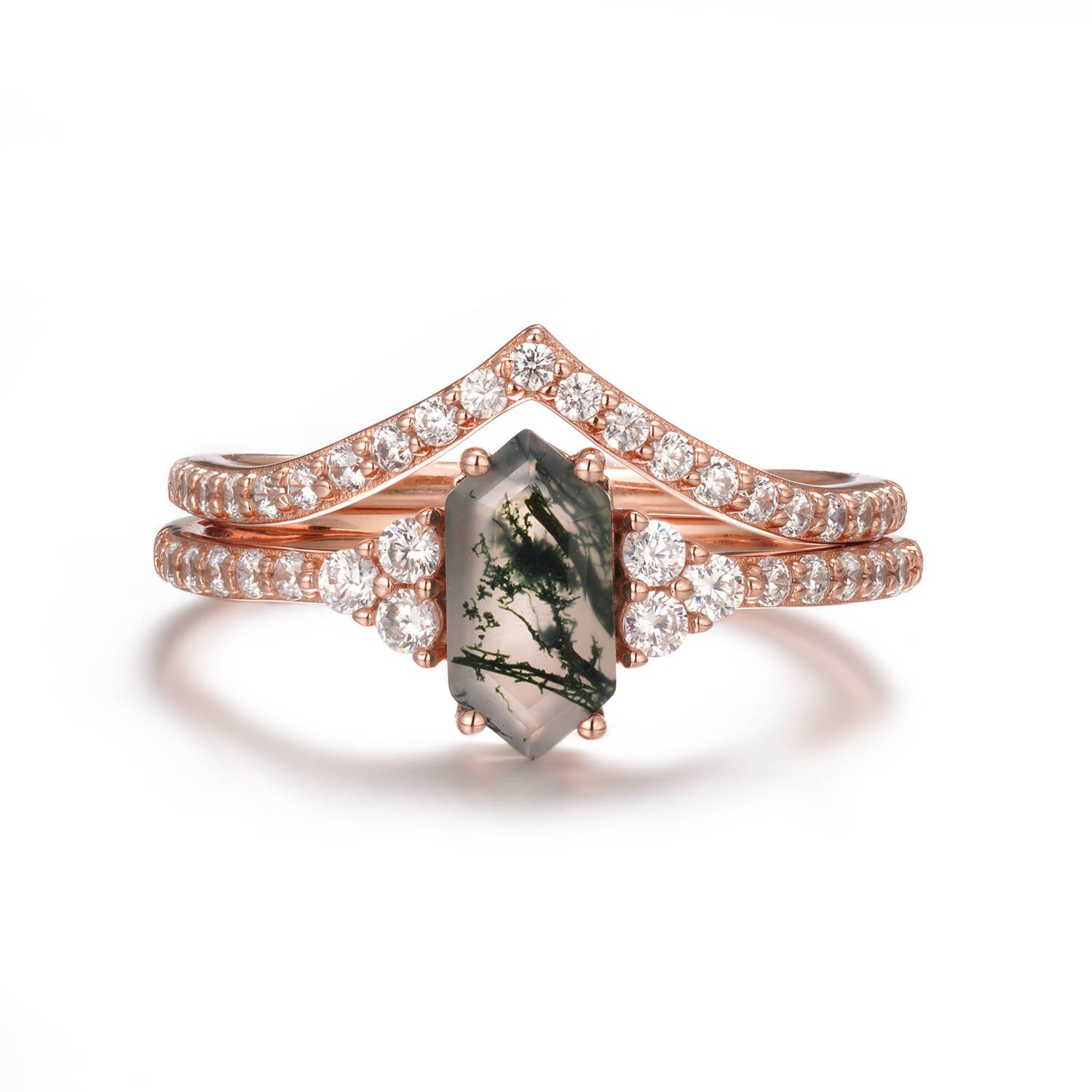 Katharina Moss Agate Quartz Ring Set Rose Gold