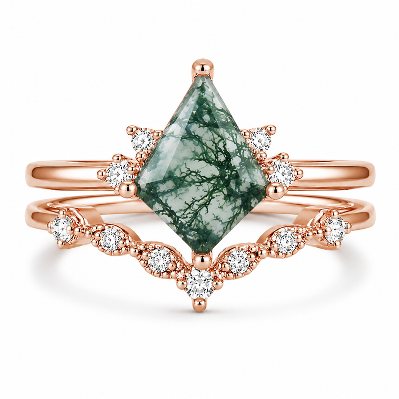 Qai Moss Agate Quartz Ring Set Rose Gold