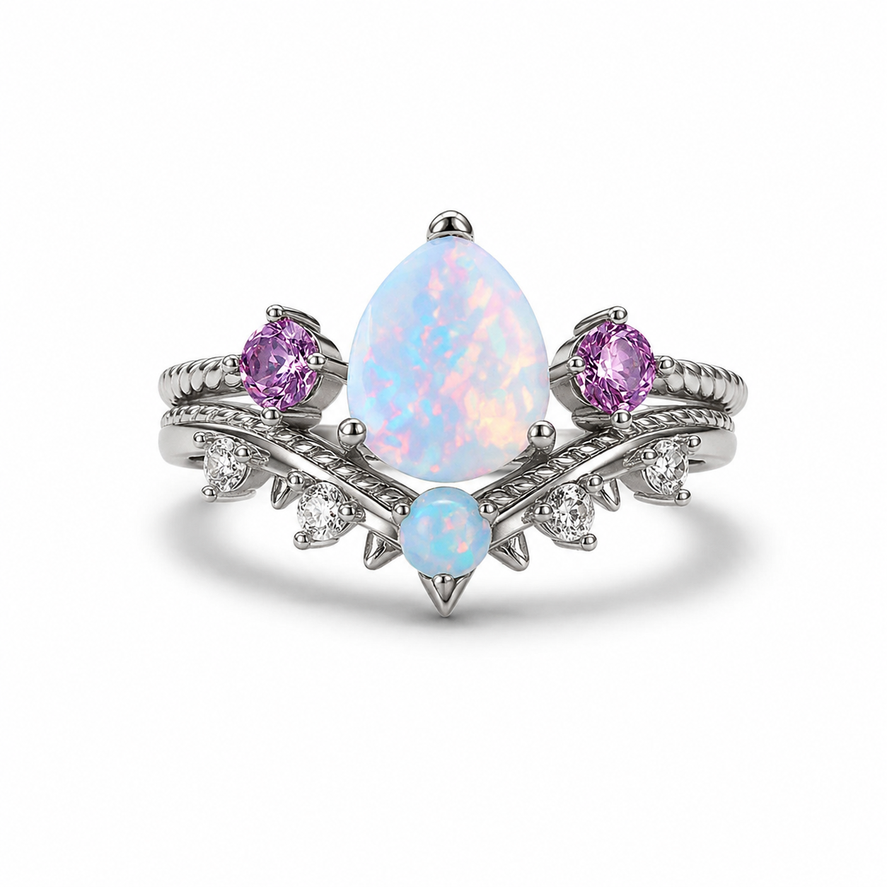 April Opal and Amethyst Ring Set Sterling Silver