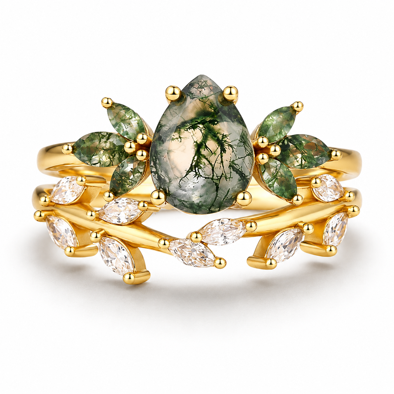 Ivy Moss Agate Quartz Leaf Ring Set Gold