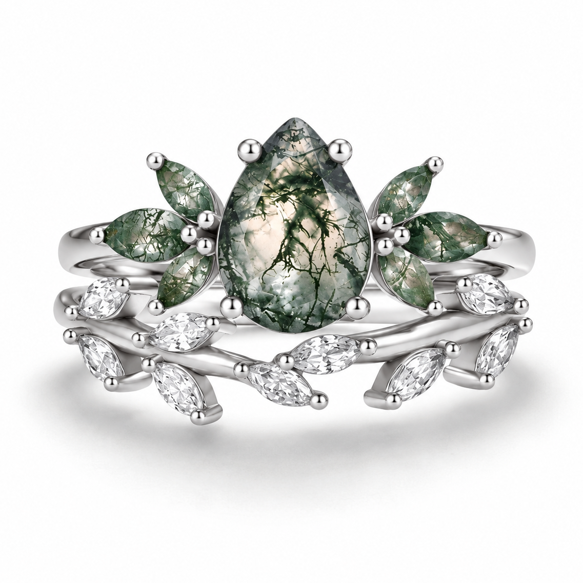 Ivy Moss Agate Quartz Leaf Ring Set Sterling Silver