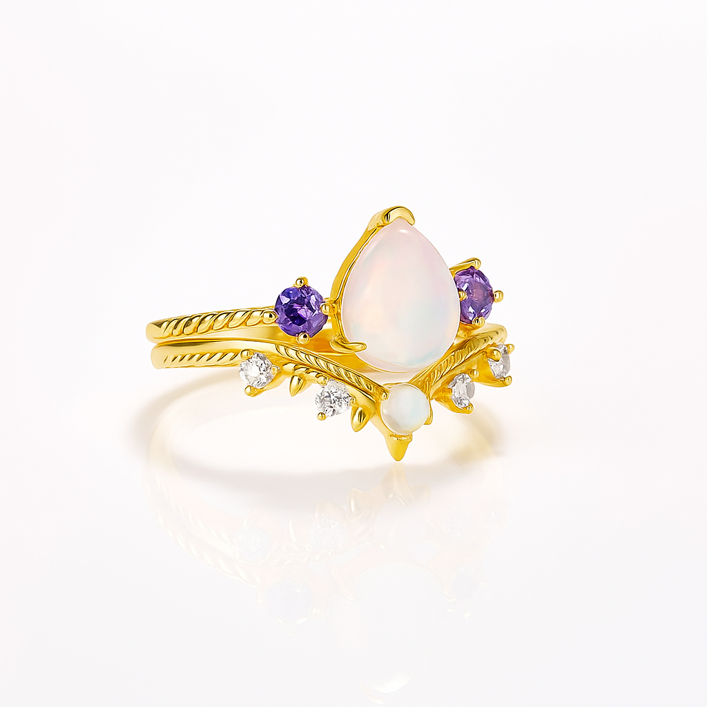 April Natural Opal and Amethyst Ring Set Gold