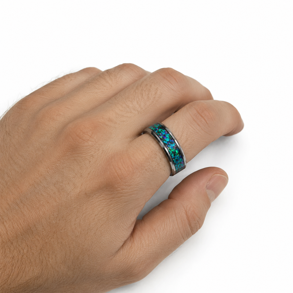 Zac Men's Blue Green Opal Silver Band