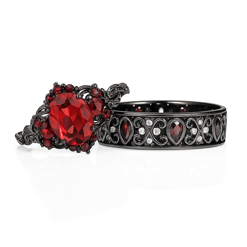 Lilly Natural Red Garnet Black Gold Couple's Ring Set