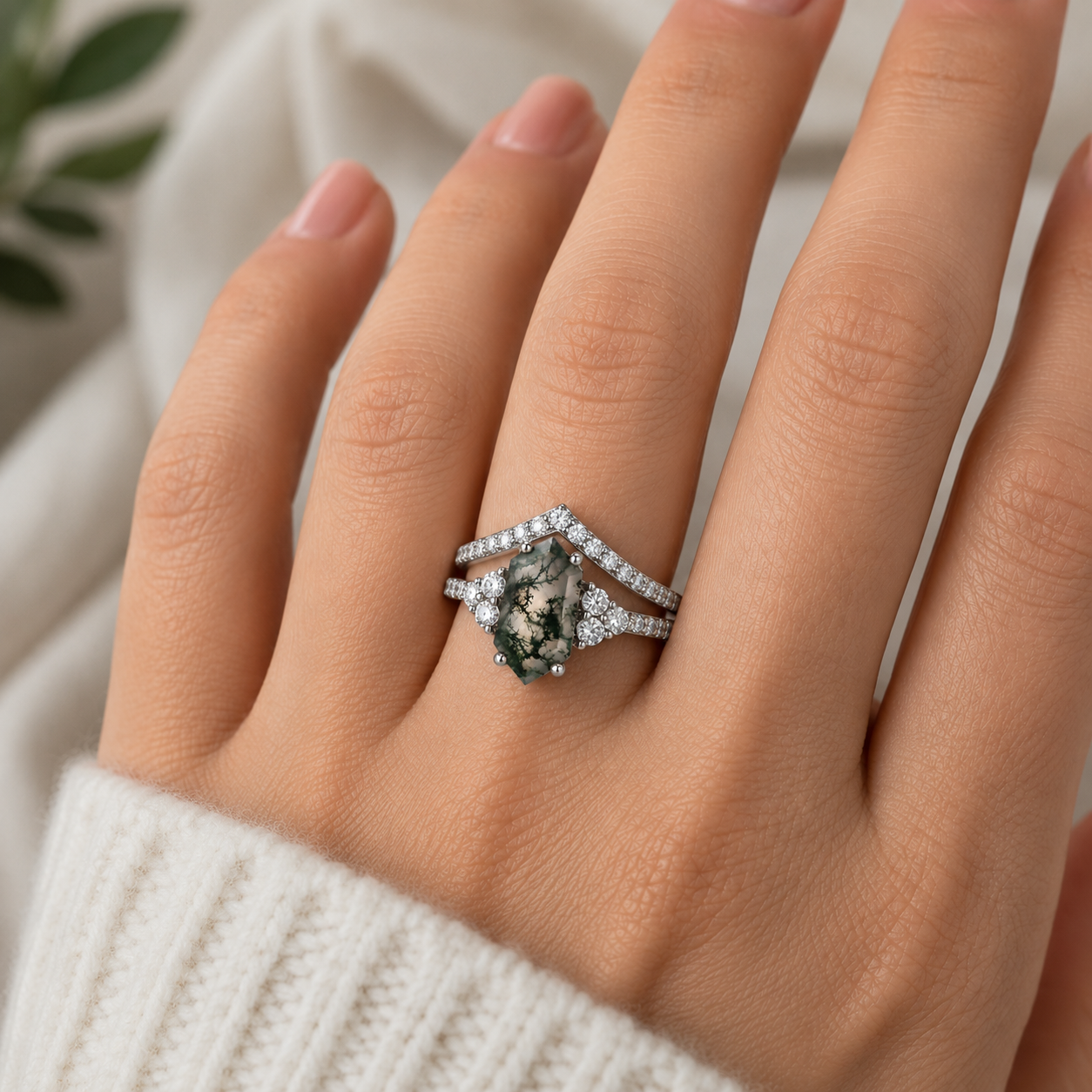 Katharina Moss Agate Quartz Ring Set Sterling Silver
