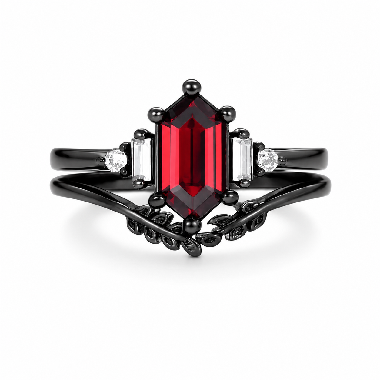 Desi Garnet and Black Gold Leaf Ring Set