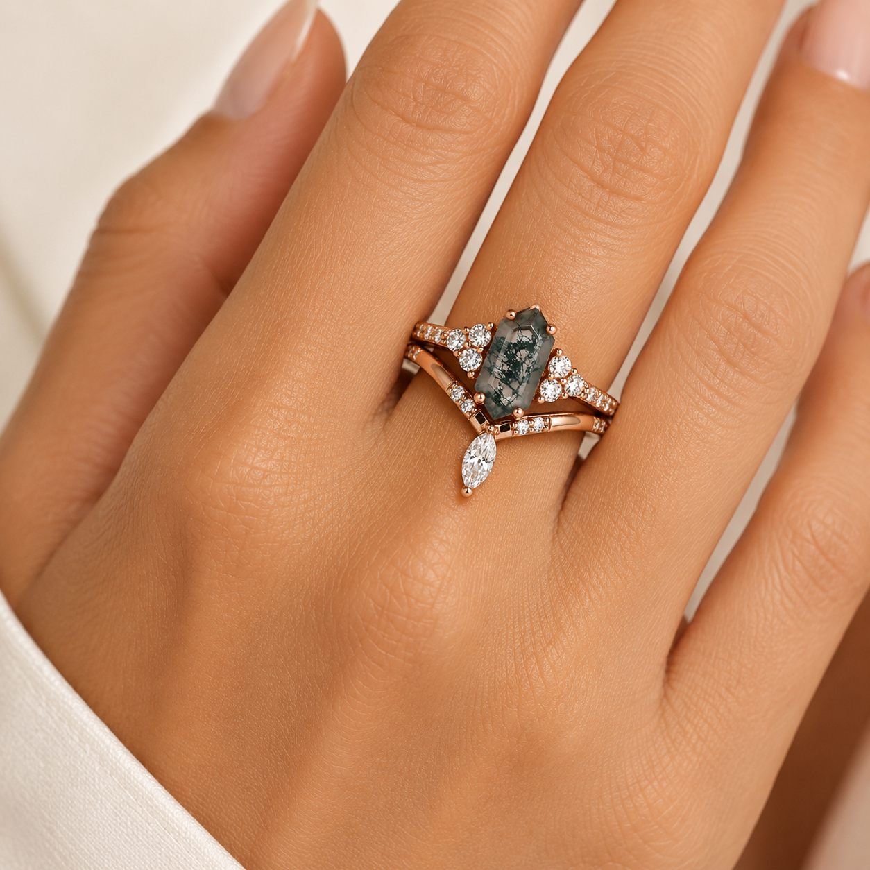 Joslyn Moss Agate Quartz Ring Set Rose Gold