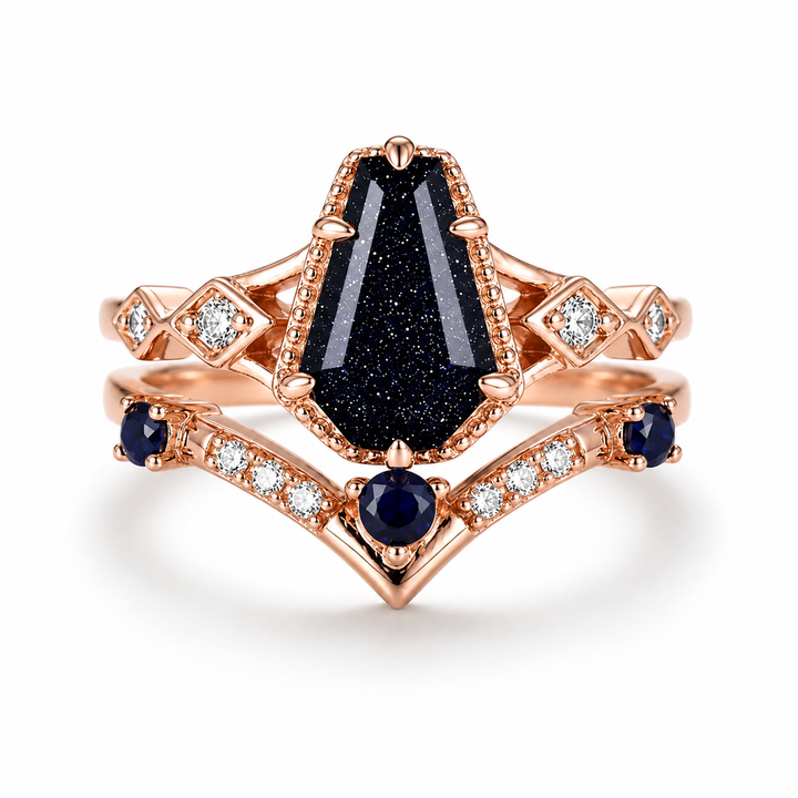 Atra Coffin Cut Blue Sandstone Ring Set Rose Gold