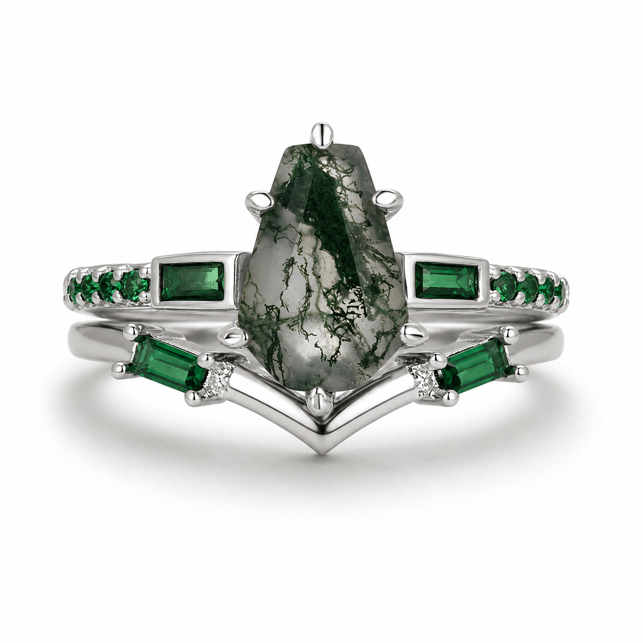 Amy Coffin Moss Agate Quartz and Emerald Ring Set
