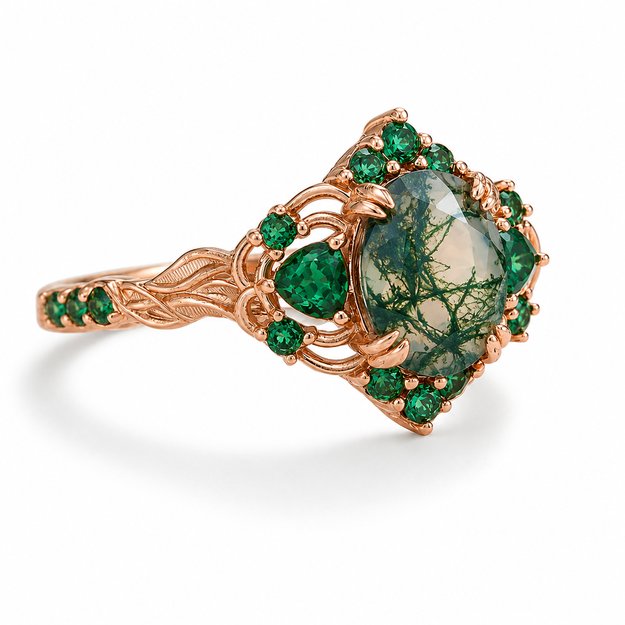 Lilly Moss Agate and Emerald Ring