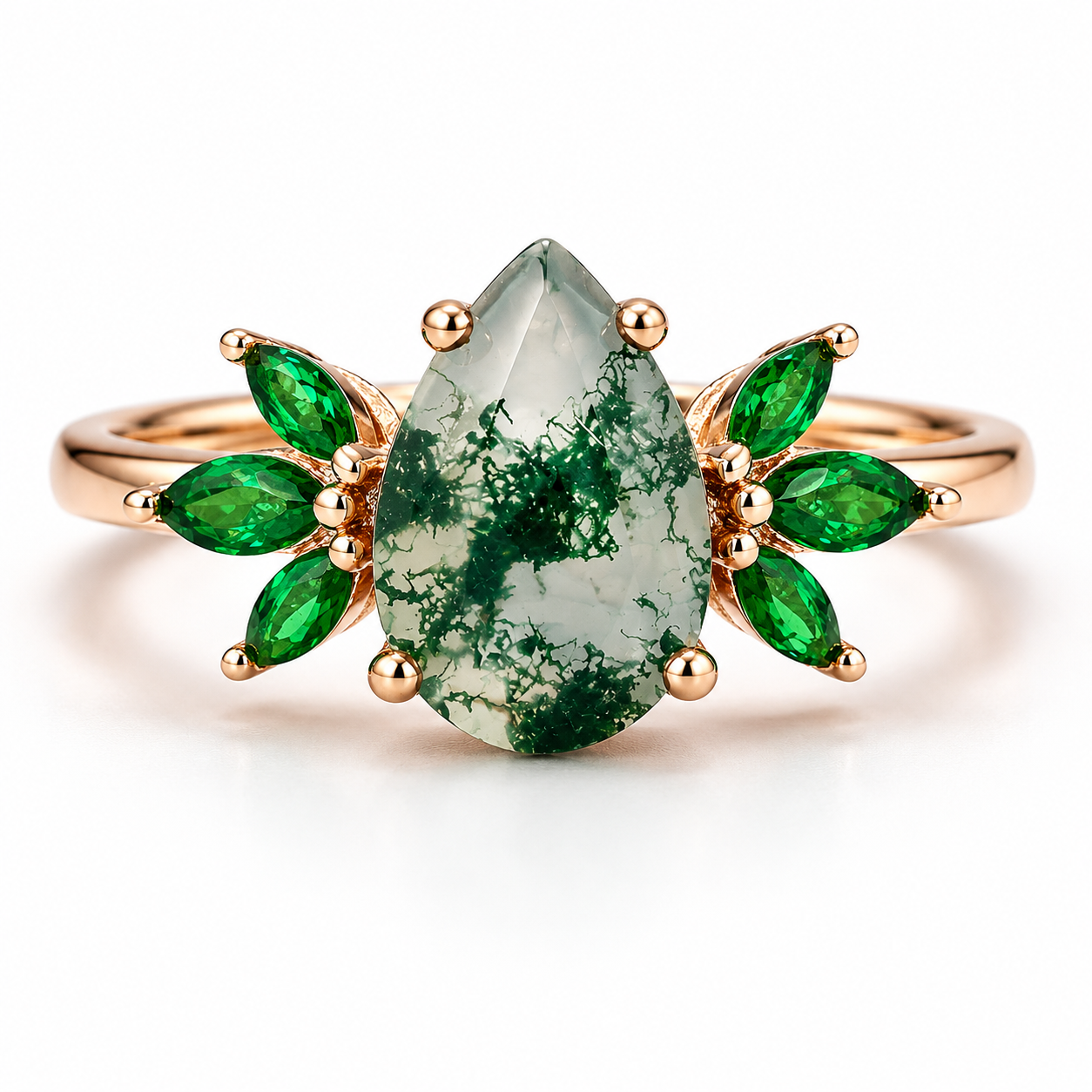 Ivy Moss Agate and Emerald Ring Rose Gold