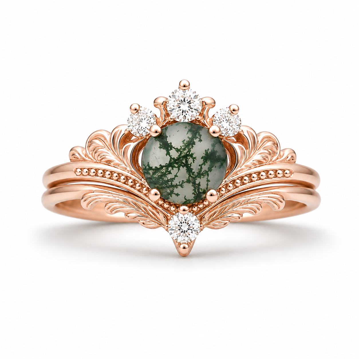 Ashla Moss Agate Ring Set Rose Gold