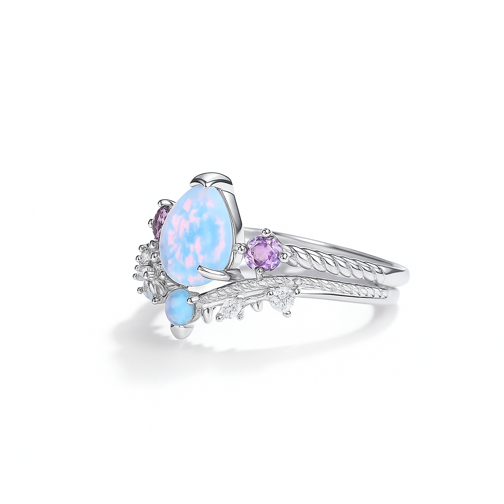 April Opal and Amethyst Ring Set Sterling Silver