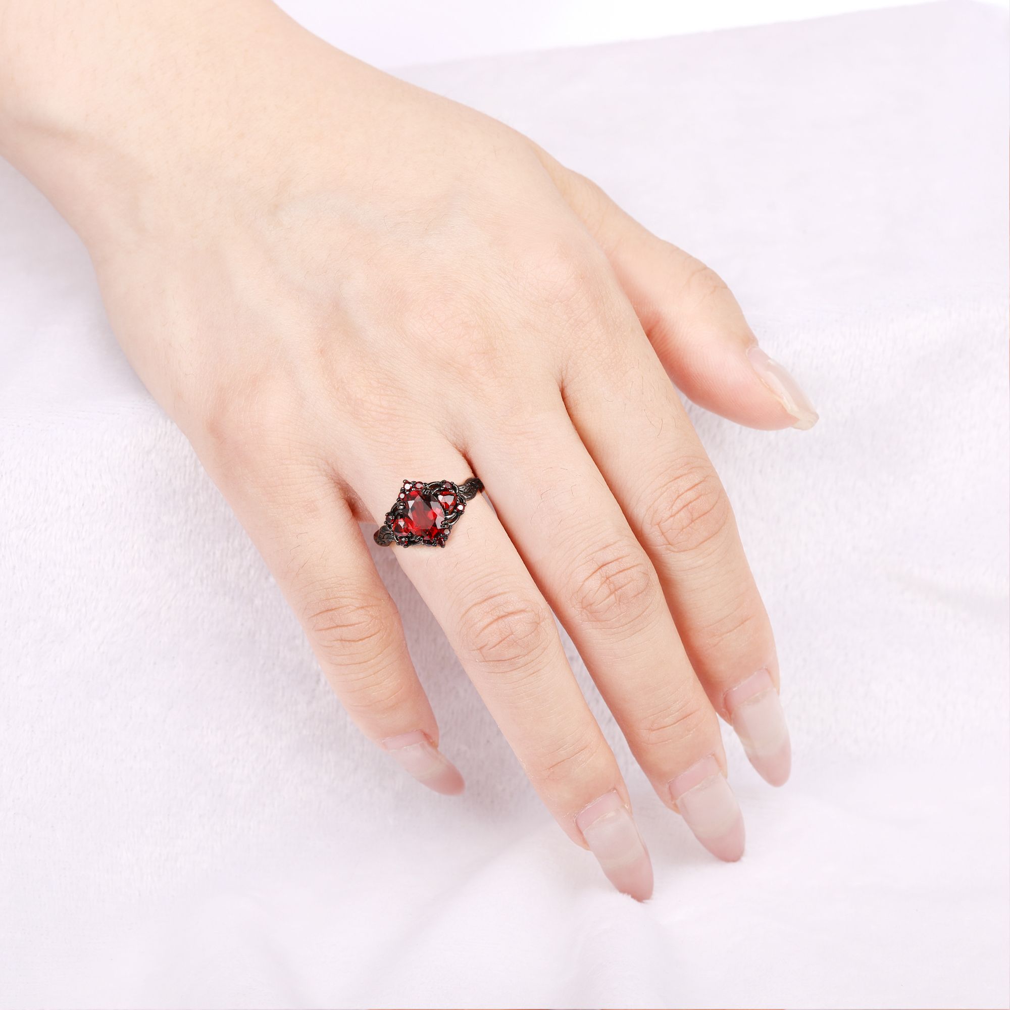 Lilly Natural Red Garnet Black Gold Couple's Ring Set