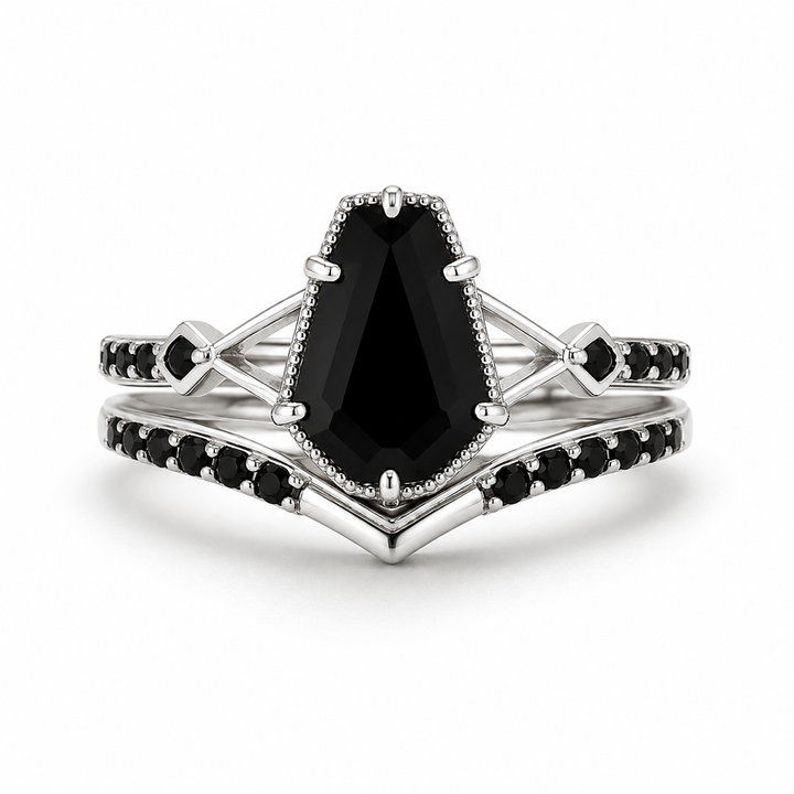 Kim Coffin Cut Black Onyx Ring Set by Kherish