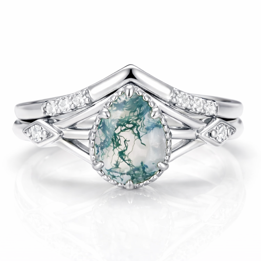 Emily style moss agate ring set in sterling silver