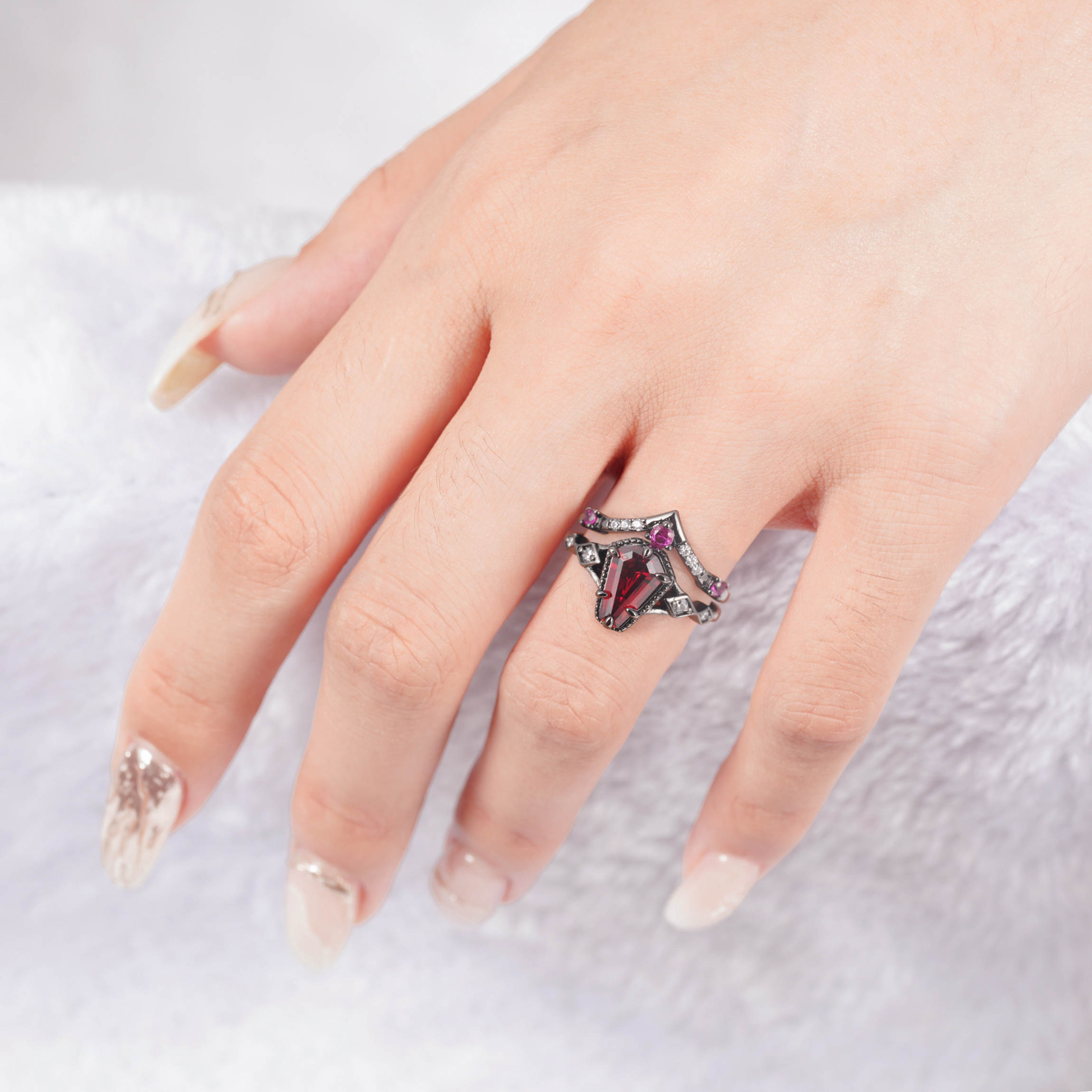 Atra Pink Sapphire and Garnet Ring Set in Black Gold Vermeil