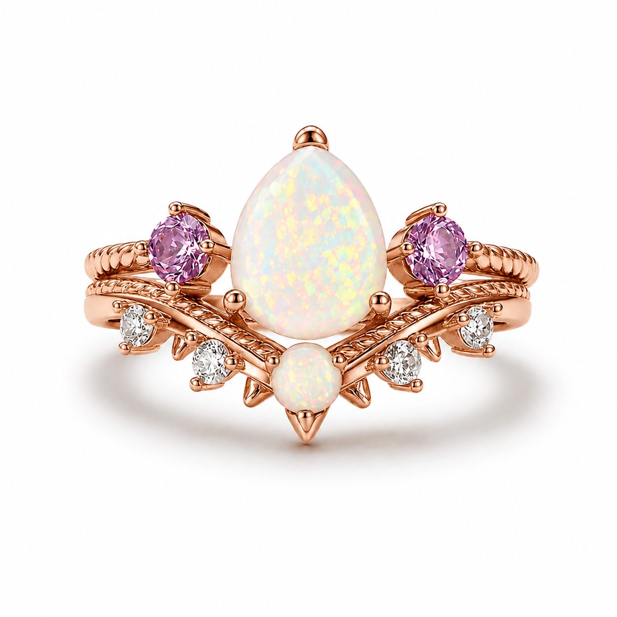 April Natural Opal and Amethyst Ring Set Rose Gold