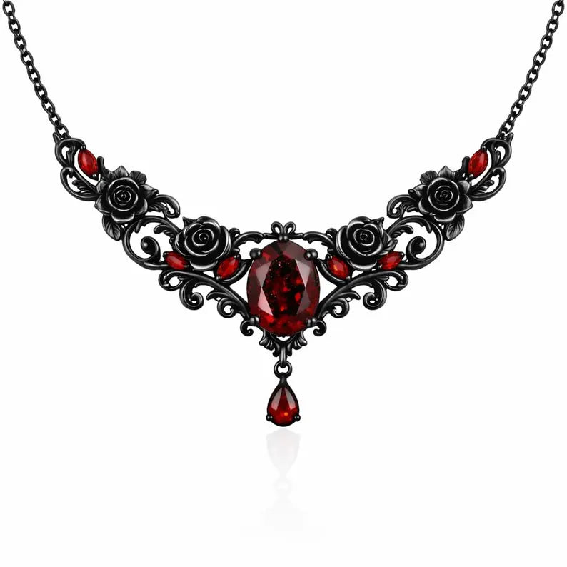 Nadine Gothic Garnet Black Gold Necklace