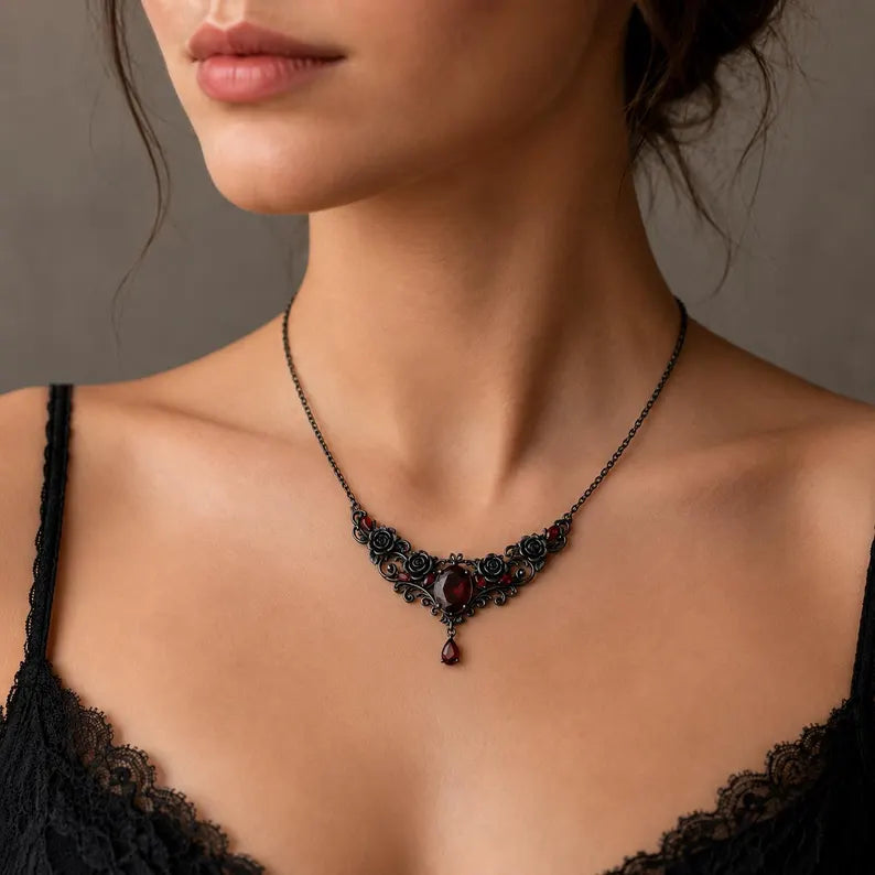 Nadine Gothic Garnet Black Gold Necklace