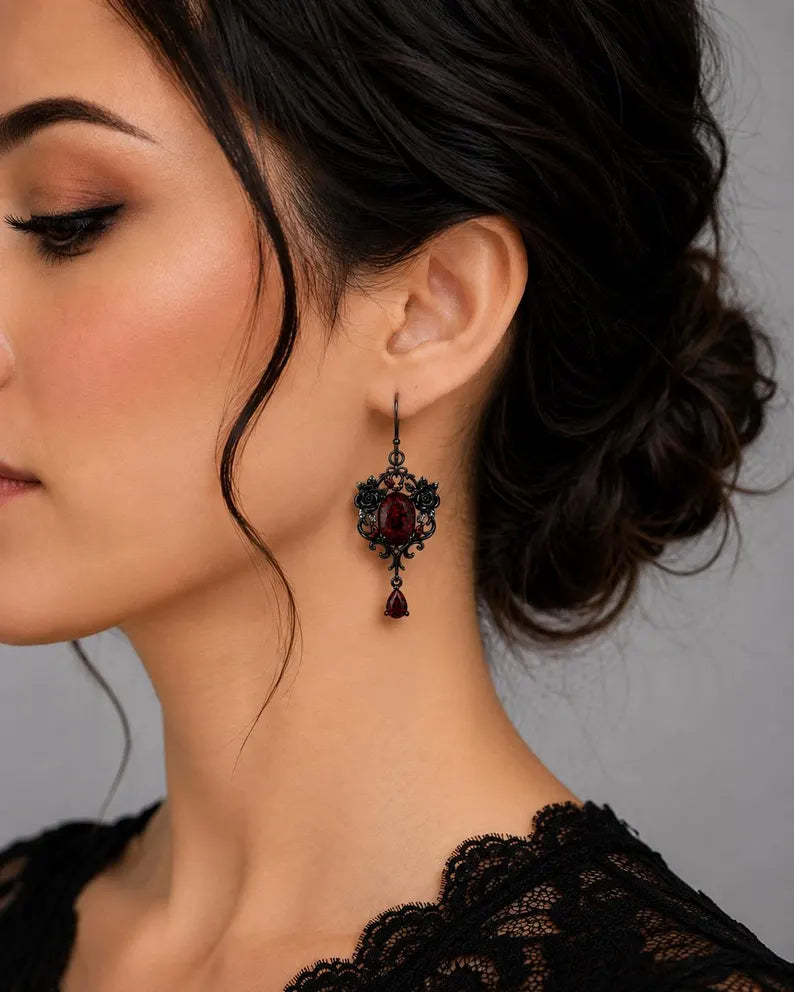 Nadine Gothic Garnet Black Gold Earrings