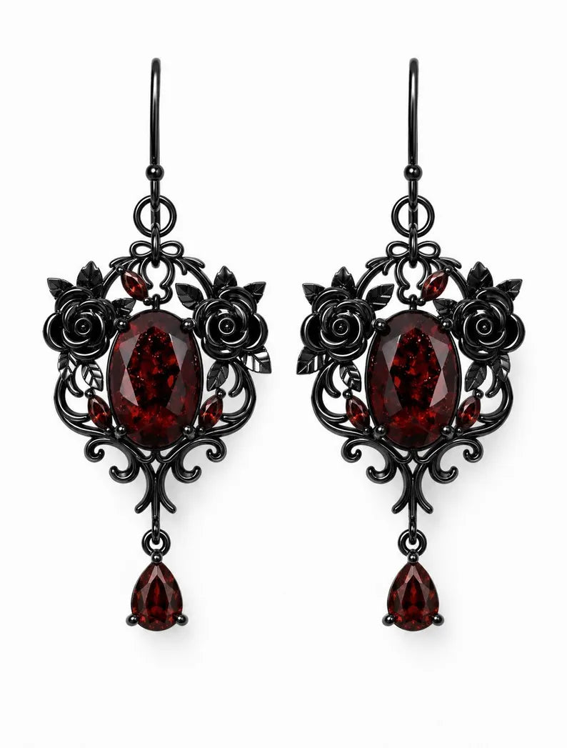 Nadine Gothic Garnet Black Gold Earrings
