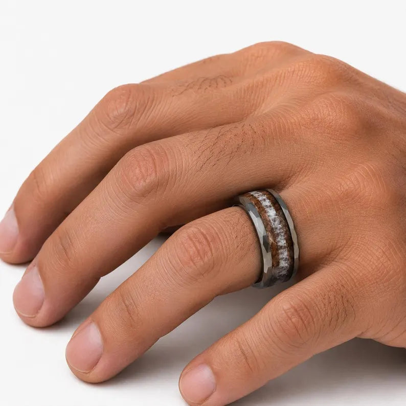 Clark Hammered Whiskey Barrel and Antler Men's Ring