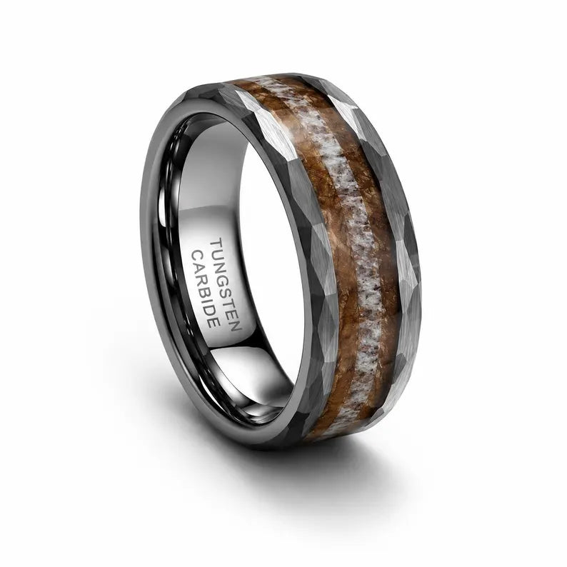 Clark Hammered Whiskey Barrel and Antler Men's Ring