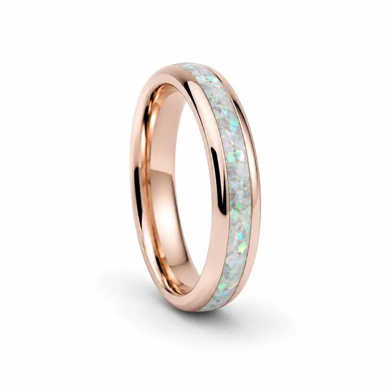 Geri Crushed White Fire Opal Tungsten Ring Rose Gold