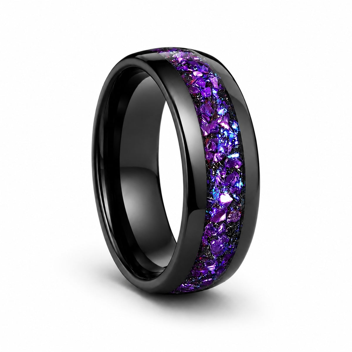 Black tungsten men's ring with vivid purple galaxy inspired inlay