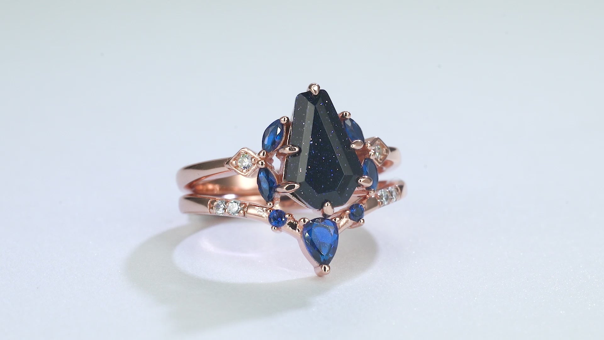 Skye Coffin Cut Blue Sandstone Ring Set Rose Gold