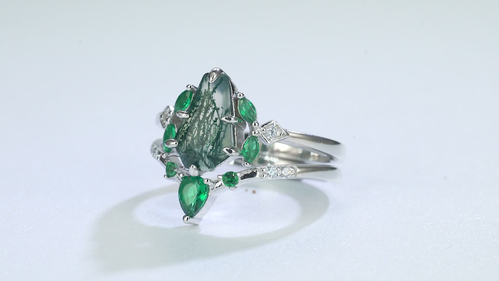 Skye Coffin Cut Moss Agate Quartz and Emerald Ring Set Sterling Silver