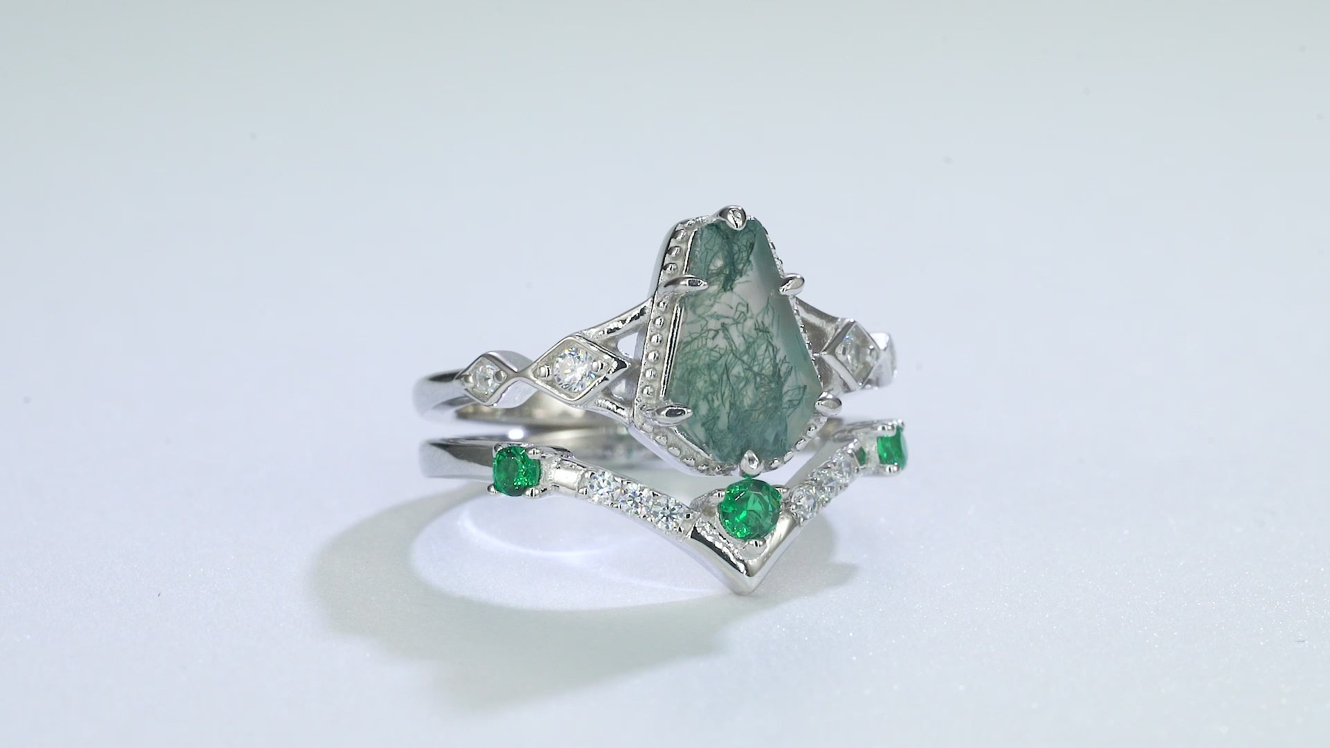 Atra Moss Agate Coffin Cut Ring with Emerald and CZ Crystals