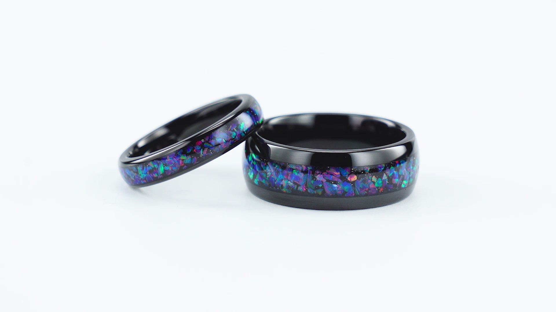 Tungsten ring with opal and cosmic gemstone details