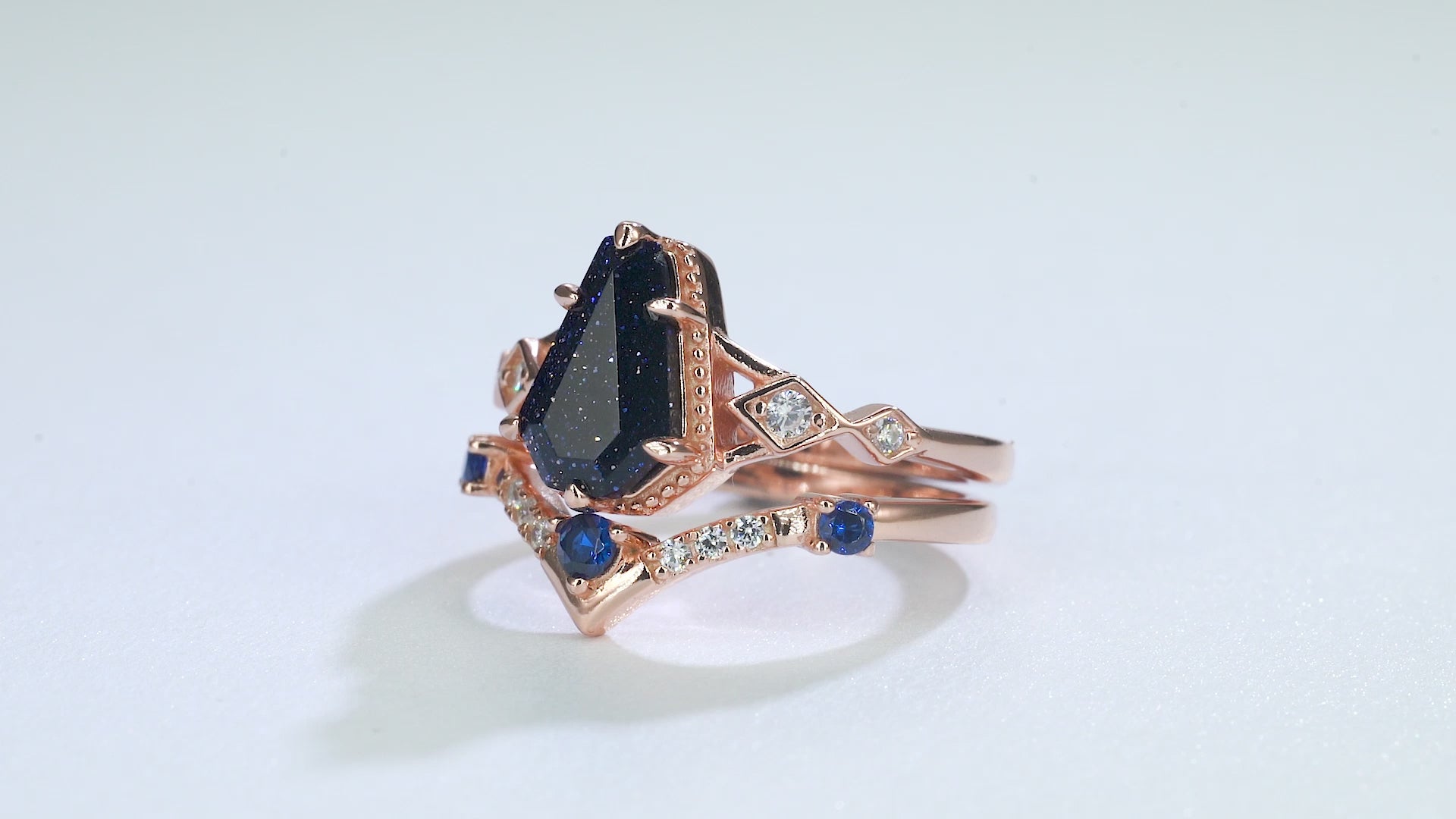 Atra Coffin Cut Blue Sandstone Ring Set in Rose Gold