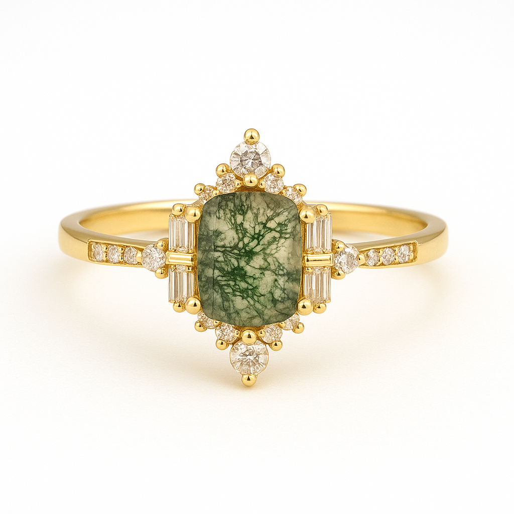 Katharina style moss agate ring in gold