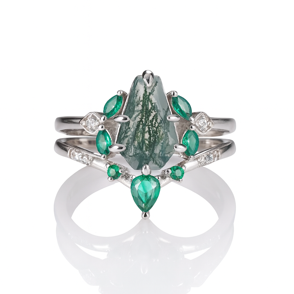 Skye Coffin Cut Moss Agate Quartz and Emerald Ring Set Sterling Silver