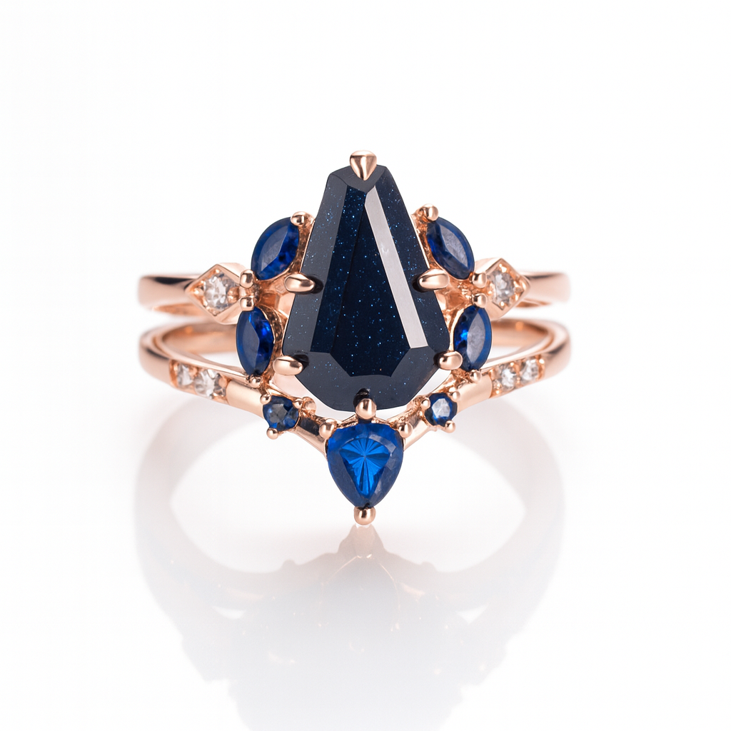 Skye Coffin Cut Blue Sandstone Ring Set Rose Gold